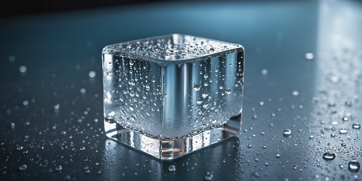 Ice Cube on a  Table. A single ice cube sits on a light colored table. The ice cube is melting, with a small puddle of water on the table beneath it.  Tiny water droplets bea