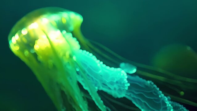 A bioluminescent jellyfish gracefully floats by creating a mesmerizing trail of luminous green light behind it.