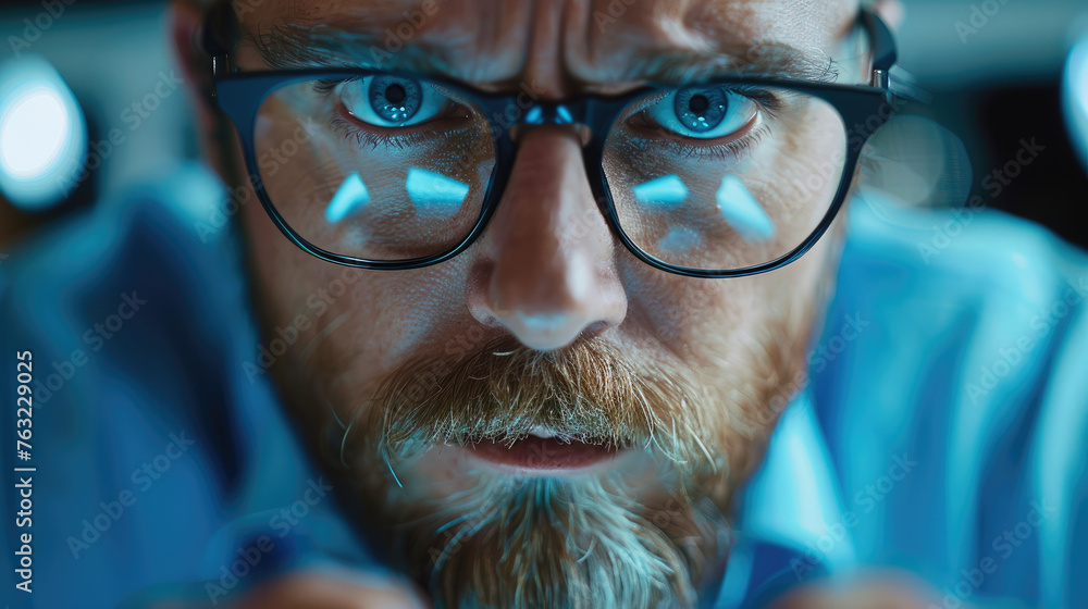 Poster modern electronics engineer with stressed facial expression, close up. generative ai.