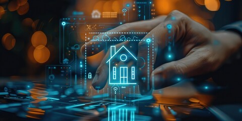 Man touch virtual house icon for analyzing mortgage loan home and insurance real property mortgage. interest rate, Investment planning, business real estate icons on virtual screen. Generative AI. - obrazy, fototapety, plakaty
