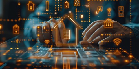 Man touch virtual house icon for analyzing mortgage loan home and insurance real property mortgage. interest rate, Investment planning, business real estate icons on virtual screen. Generative AI.