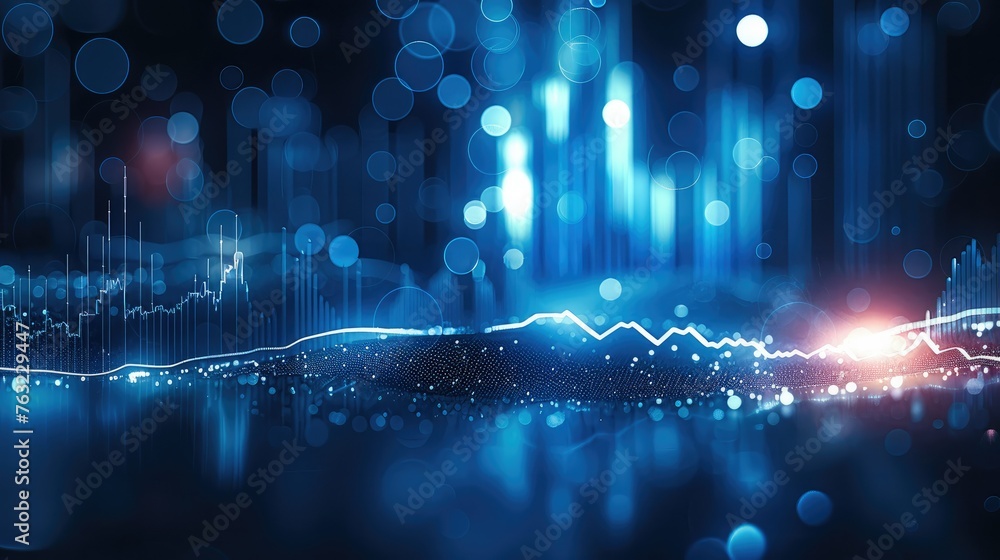 Poster digital stock market graph on blue background with bokeh effect. generative ai.