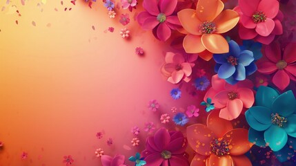 Grupa kolorowych kwiatów na jaskrawym różowo-pomarańczowym tle. Idealne dla zaproszeń. - obrazy, fototapety, plakaty