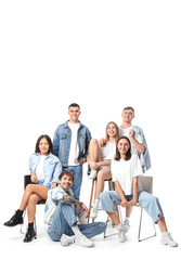 Group of stylish young people on white background