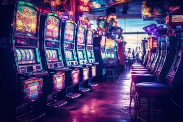 a row of slot machines in a casino - obrazy, fototapety, plakaty