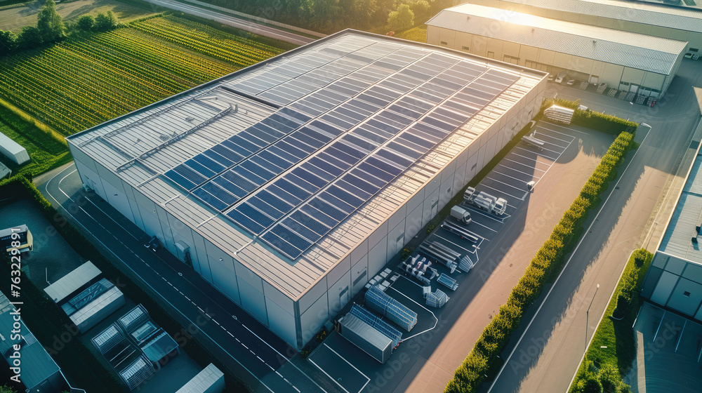 Poster aerial high view of a modern warehouse with solar panels in a green surrounding. generative ai.