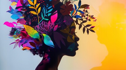 Sylwetka głowy kobiety z kolorową dekoracją kwiatową na głowie - obrazy, fototapety, plakaty