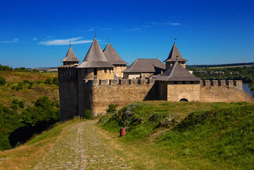Fototapeta na wymiar Khotyn fortress, complex of fortifications situated on the hilly right bank of the Dniester in Khotyn, Western Ukraine