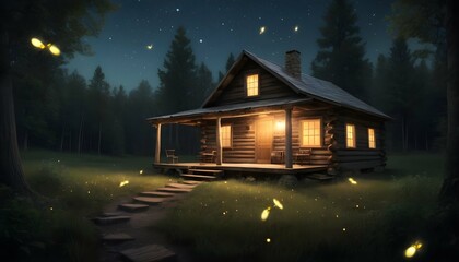 Fireflies Twinkling Around A Rustic Cabin Upscaled 3