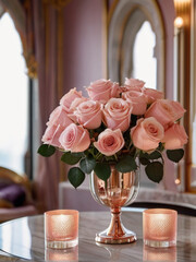 Beautiful pink roses flower arrangement in the elegant luxury home - 763230215