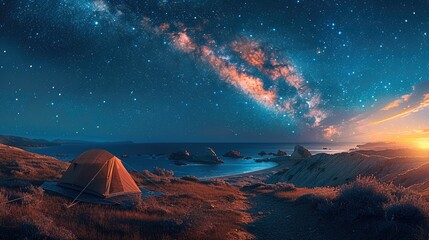Modern Tent camping under starry sky with milky way. Generative AI.