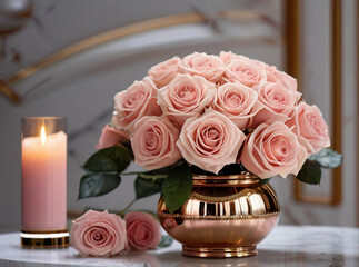 Beautiful pink roses flower arrangement in the elegant luxury home - 763230287