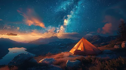 Fotobehang Modern Tent camping under starry sky with milky way. Generative AI. © visoot