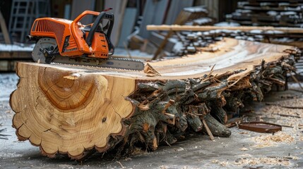 Chainsaw resting on a huge sawn off beech log - obrazy, fototapety, plakaty