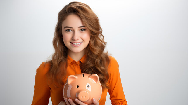 Young woman in orange shirt holding piggy bank portrait image. Light brown wavy hair girl closeup picture photorealistic. Female college student savings concept photo realistic
