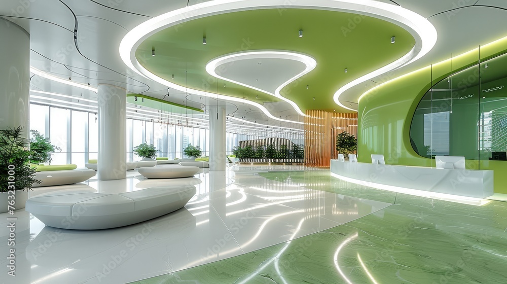 Leinwandbilder an open space office with a light green and white ceiling, circular seating areas for collaborative 