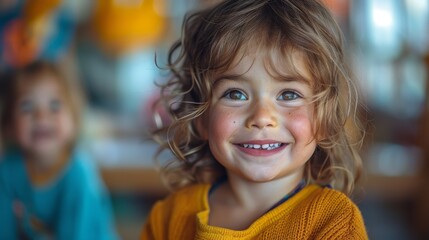 portrait of a  happy smiling child at kindergarten, exciting, fun, joyful atmosphere, laughing