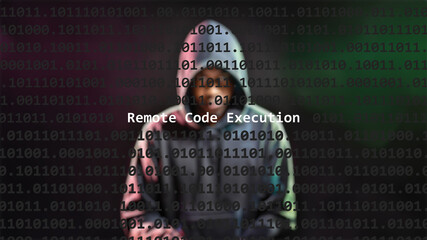 Cyber attack remote code execution text in foreground screen, anonymous hacker hidden with hoodie in the blurred background. Vulnerability text in binary system code on editor program. - obrazy, fototapety, plakaty