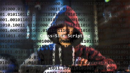 Cyber attack cross-site scripting text in foreground screen, anonymous hacker hidden with hoodie in the blurred background. Vulnerability text in binary system code on editor program. - obrazy, fototapety, plakaty