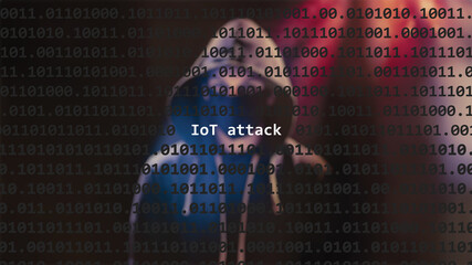 Cyber attack iot attack text in foreground screen, anonymous hacker hidden with hoodie in the blurred background. Vulnerability text in binary system code on editor program. - obrazy, fototapety, plakaty