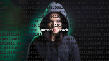 Cyber attack botnet attack text in foreground screen, anonymous hacker hidden with hoodie in the blurred background. Vulnerability text in binary system code on editor program. - obrazy, fototapety, plakaty