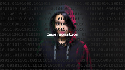 Cyber attack impersonation text in foreground screen, anonymous hacker hidden with hoodie in the blurred background. Vulnerability text in binary system code on editor program. - obrazy, fototapety, plakaty