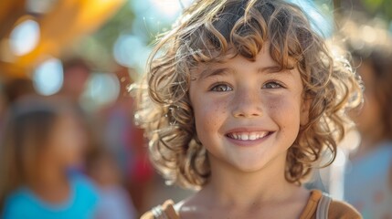 portrait of a  happy smiling child at kindergarten, exciting, fun, joyful atmosphere, laughing