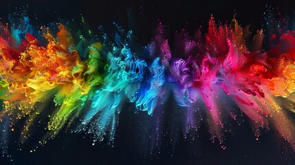 A vibrant display featuring a garland banner of colorful rainbow holi paint powder exploding against a dark, panoramic black background, encapsulating a festive and peaceful party concept - obrazy, fototapety, plakaty