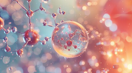 A visually captivating advertisement for collagen serum, featuring a bubble against a background of molecular structures, rendered in 3D - obrazy, fototapety, plakaty