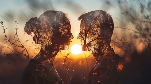 Double Exposure of a Couple with Sunset and Tree Silhouettes Blended

