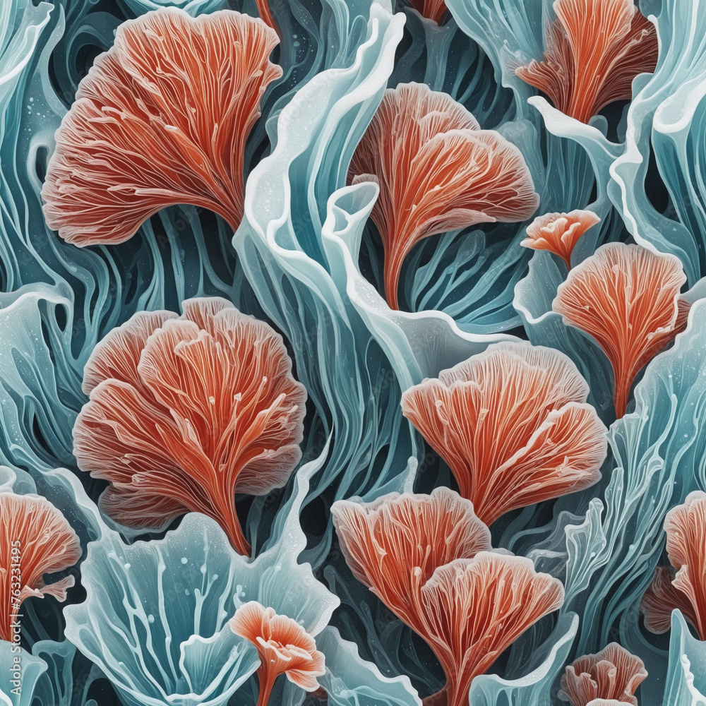 Poster gushing coral fountains frozen in an abstract futuristic 3d texture isolated on a transparent backgr