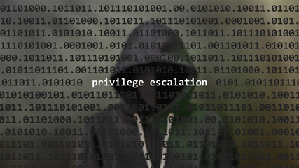 Cyber attack privilege escalation text in foreground screen, anonymous hacker hidden with hoodie in...