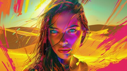 Cyfrowe malowidło portretujące kobietę o niebieskich oczach, oddające intensywność barw i detale. Na tle nudnej pustyni.