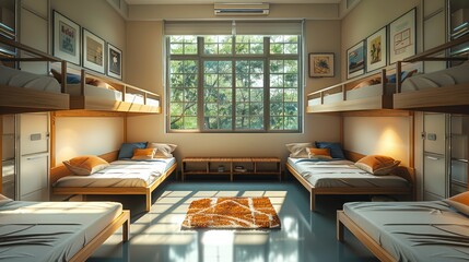 An international school, high school boys dormitory with mild tones. Generative AI.