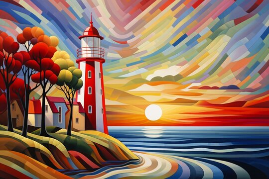 a painting of a lighthouse on a hill by the water