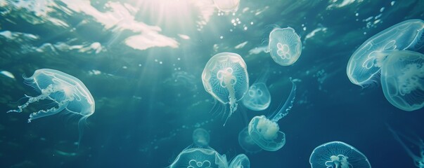Jellyfish swimming underwater with sunlight - obrazy, fototapety, plakaty