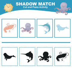 Shadow matching for children. School activity for kids. Cut and paste shadows to the pictures