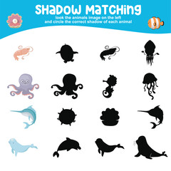 Look the animal image on the left and circle the correct shadow of each animal. Find the correct shadow