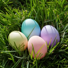 Fototapeta premium Pastel Easter Eggs nestled in fresh green grass under sunlight For Social Media Post Size