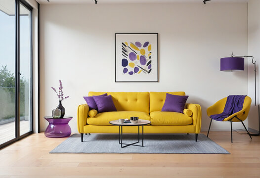 Modern living room interior with yellow sofa and purple accessories