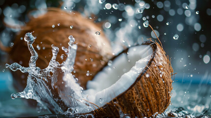 coconut splashing into water - obrazy, fototapety, plakaty