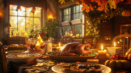 A festive Thanksgiving dinner spread with roasted turkey and autumn decorations in a cozy home setting. - obrazy, fototapety, plakaty