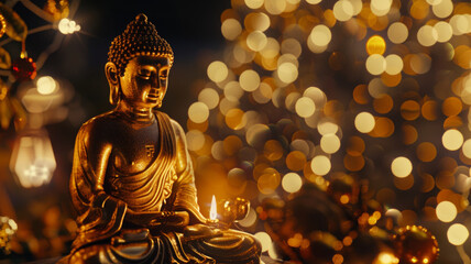 Serene Buddha statue illuminated, with a bokeh light backdrop.