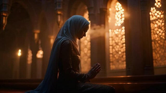 Religious Muslim woman praying in a church