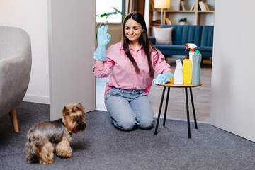 Young woman sitting near the table with cleaning products at home and her little dog is running next to her