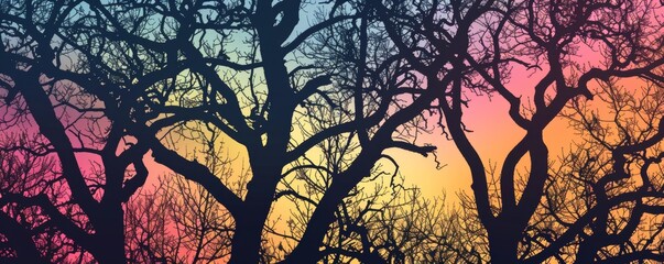 Silhouetted trees against a colorful sunset sky