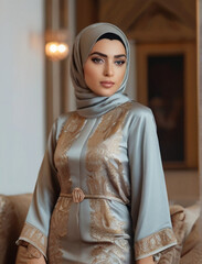 Portrait of gorgeous stylish Muslim woman in her living room	 - 763232217