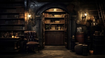 Fototapeta na wymiar Speakeasy entrance hidden behind bookshelf in 1920s secret access
