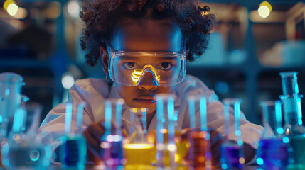 A young, intrigued child conducting colorful science experiments in a laboratory setting. - obrazy, fototapety, plakaty