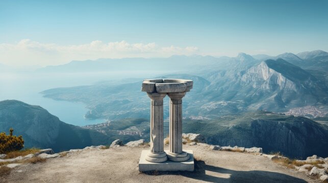 Panoramic views below a Doric column atop mountain scenic majesty